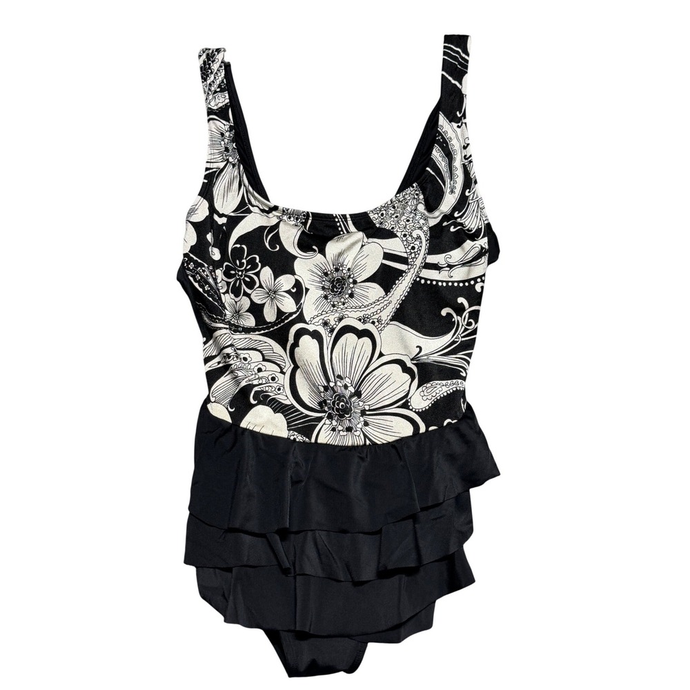 Longitude Womens Black White Floral Paisley Tiered Ruffle Swim Dress Size 10